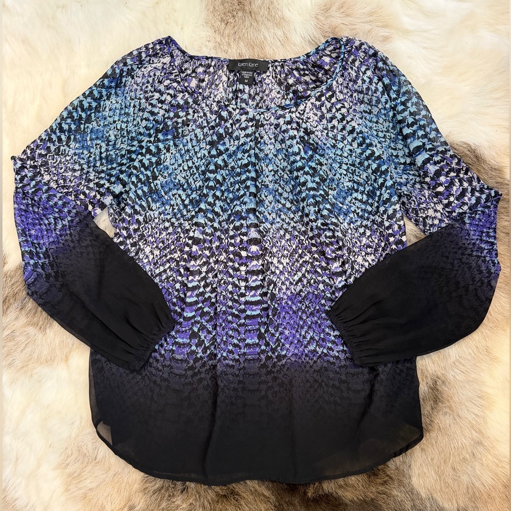 Karen Kane blue purple black ombre semi sheer blouse $108 medium spring